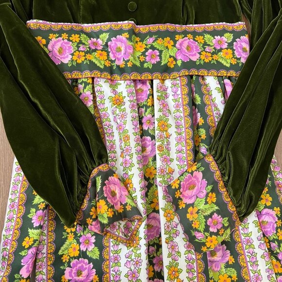 Vintage 70s Velvet Floral Cottage Prairie Peasant Maxi Dress Sz S - Picture 6 of 14